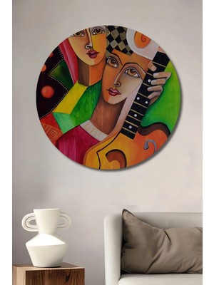 Alpkan Müzik Aşkı Iki Yüzlü Yağlı Boya Görünümlü Modern Sanat Ahşap Dekoratif Tablo Yuvarlak Hediyelik Duvar Tablosu