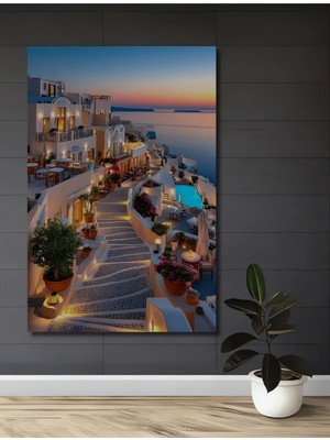 Alpkan Santorini Gün Batımı Manzaralı Sulu Boya Görünümlü Dekoratif Ahşap Ev,antre,salon,ofis,mutfak Tablo