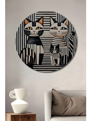 Alpkan Baskı Kedi Sanat Ahşap Dekoratif Tablo Yuvarlak Hediyelik Duvar Tablosu