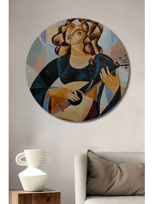 Alpkan Kadın Gitar Çalıyor Yağlı Boya Görünümlü Modern Sanat Ahşap Dekoratif Tablo Yuvarlak Hediyelik Duvar Tablosu