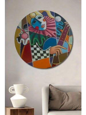 Alpkan Soyut Palyaço Gitar Sanat Tablosu Ahşap Dekoratif Tablo Yuvarlak Hediyelik Duvar Tablosu