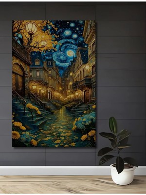 Alpkan Van Gogh Yıldızlı Gece Temalı Sokağı Yağlı Boya Görünümlü Ahşap Dekoratif Ev,antre,salon Tablo