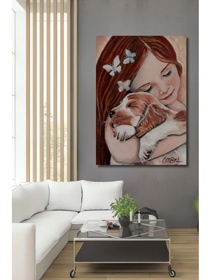 Alpkan Kız ve Köpek Sevgisi Yağlı Boya Görünümlü Ahşap Dekoratif Ev,antre,salon,ofis,mutfak Tablo