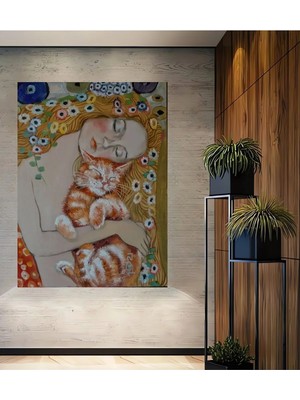 Alpkan Yumuşak Kedi ve Çiçekli Kadın Yağlı Boya Görünümlü Ahşap Dekoratif Ev,antre,salon,ofis,mutfak Tablo