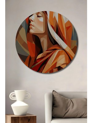 Alpkan Kadın Yüzü Kübist Soyut Sanat Ahşap Dekoratif Tablo Yuvarlak Hediyelik Duvar Tablosu