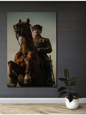 Alpkan Mustafa Kemal Atatürk At Üzerinde Yağlı Boya Görünümlü Ahşap Dekoratif Ev,antre,salon,ofis Tablo
