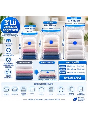 Bemy Ticaret Karma Boy Vakumlu Poşet Seti (1 Adet 60×80 + 1 Adet 80×100 + 1 Adet 73×130 Cm) Vakumlu Saklama Poşeti
