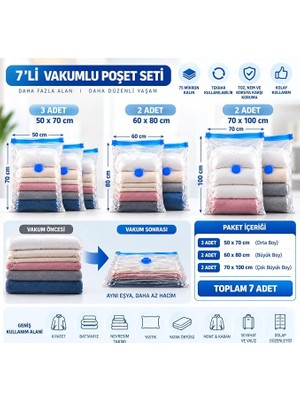Bemy Ticaret Karma Boy Vakumlu Poşet Seti (3 Adet 50×70 + 2 Adet 60×80 + 2 Adet 70×100 Cm) Vakumlu Saklama Poşeti