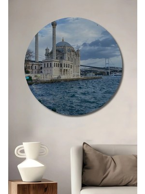 Alpkan Ortaköy Camii Istanbul Manzarası Yağlı Boya Görünümlü Dekoratif Ahşap Tablo Yuvarlak Hediyelik Duvar Tablosu