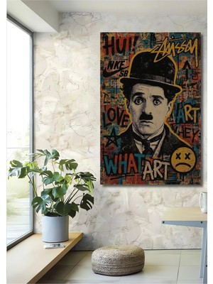 Alpkan Charlie Chaplin Sokak Sanatı Yağlı Boya Görünümlü Ahşap Dekoratif Ev,antre,salon,ofis,mutfak Tablo