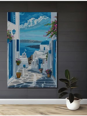 Alpkan Santorini Mavi Beyaz Sokak Manzarası Yağlı Boya Görünümlü Ahşap Dekoratif Ev,antre,salon Tablo