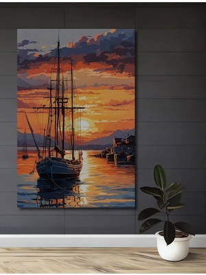 Alpkan Gün Batımı Yelkenlisi Sulu Boya Görünümlü Modern Sanat Ahşap Dekoratif Ev,antre,salon,ofis Tablo