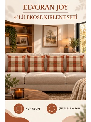 Elvoran Joy 4’lü Ekose Desenli Kırlent Seti 43X43 cm Çift Taraf Dijital Baskılı