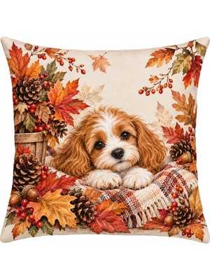 Elvoran Joy Güz Temalı Sevimli Köpek Desenli Dekoratif Kırlent Kılıfı 43×43 cm – Tek Yön Baskılı