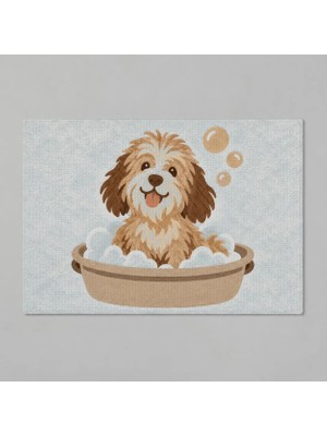 Kartela Halı Köpek Desenli Banyo Paspası Mavi Kaymaz Taban Makinede Yıkanabilir 40X60 cm