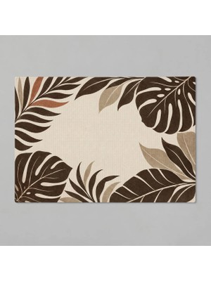 Kartela Halı Botanik Yaprak Desenli Banyo Paspası Bej Kaymaz Taban Makinede Yıkanabilir 40X60 cm