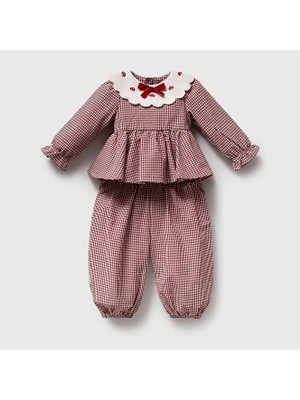 ministok Tiny Mushroom Yakası Nakışlı Kız Bebek Bluz Balon Pantolon 2'li Takım