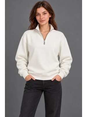 Ayessa Üç Iplik Içi Şardonlu Dik Yaka Yarım Fermuarlı Kışlık Sweatshirt - Beyaz