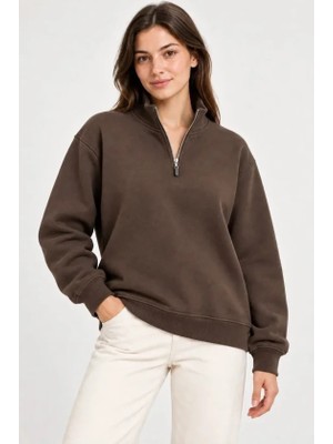 Ayessa Üç Iplik Içi Şardonlu Dik Yaka Yarım Fermuarlı Kışlık Sweatshirt - Kahverengi