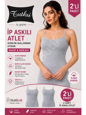 Tutku Kadın Pamuklu Ip Askılı Gri Ribana  Atlet 2'li Xl