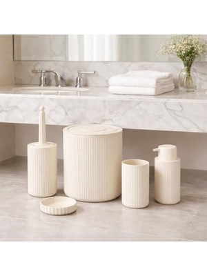 5’li Limon Rengi Banyo Seti – Çöp Kovası, Sıvı Sabunluk, Diş Fırçalık, Sabunluk ve Wc Fırçası – Modern Çizgili Şık Tasarım