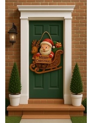 Noel Babalı Kızaklı Hediye Paketli Yılbaşı Geyikli Kapı Süsü Ahşap Noel Kapı Süsü Yılbaşı Mazemeleri Temalı Hediyeler 2026 (25-30 Cm)