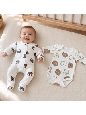 Nayinom Kahverengi Ayıcık Desenli Patikli Tulum ve Uzun Kollu Body 2’li Bebek Seti