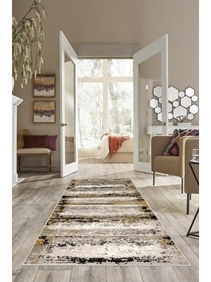 Pelangi Gri Batik Desen Renk Geçişli Yıkanabilir Kaymaz Taban Leke Tutmaz Modern Salon Halısı ve Yolluk, Hardal-Bej 100 x 500, 74571224100500728