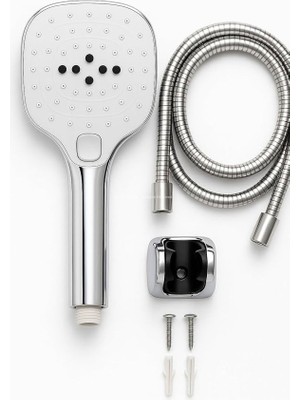 Spiralli Duş Başlığı Seti, 3 Fonksiyonlu Tuşlu Geniş Gövde Krom Duş Başlığı, 150 cm Duş Hortumu, Mafsallı Başlık, Vida ve Dübel Dahil, Su Tasarruflu,