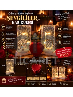 Gio Ticaret - Sokak Lambası Işığı Altındaki Sevgililer Kar Küresi - 3 Kademe Işıklı - Şık ve Dekoratif Hediye - Kırmızı Kalp Şeklinde Küçük Metal Kutu Hediyeli