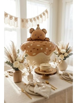 Myg Plus Ayıcık Figürlü Kahverengi Retro Cupcake Folyo Balon | Doğum Günü Baby Shower Bebek Temalı Parti Süsleme Dekorasyon Balonu
