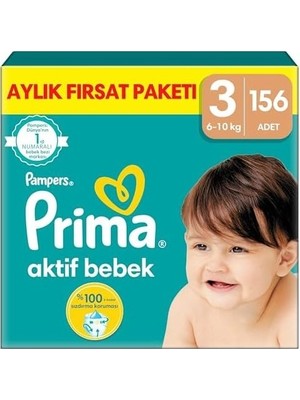 Prime Aktif Bebek, Bebek Bezi 3 Numara, 156 Adet Aylık Fırsat Paketi