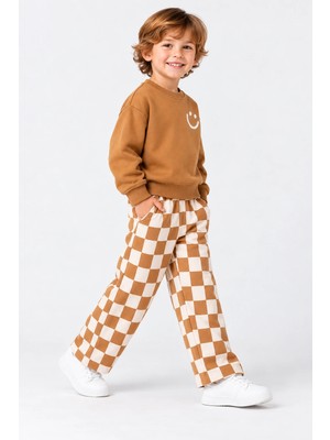 Rony Pony Kids Erkek Çocuk 3 Iplik Gülen Yüz Baskılı Sweatshirt ve Dama Desenli Bol Paça Eşofman Takımı Kahverengi Krem