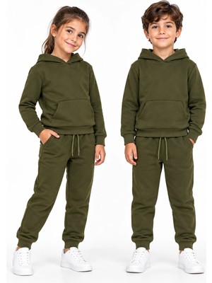Rony Pony Kids Unisex Kız Erkek Çocuk Haki 3 Iplik Kapüşonlu Kanguru Cepli Eşofman Takımı