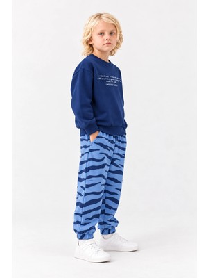 Rony Pony Kids Çocuk 3 Iplik Yazı Baskılı Sweatshirt ve Desenli Jogger Eşofman Takımı – Lacivert Mavi