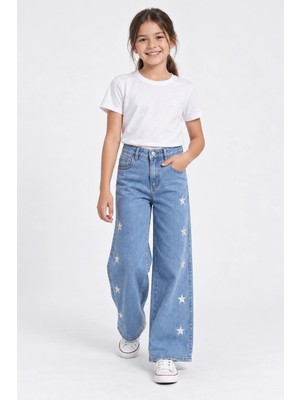 Rony Pony Kids Kız Çocuk Yıldız Nakışlı Bol Paça Jean Pantolon – Açık Mavi Yüksek Bel Denim