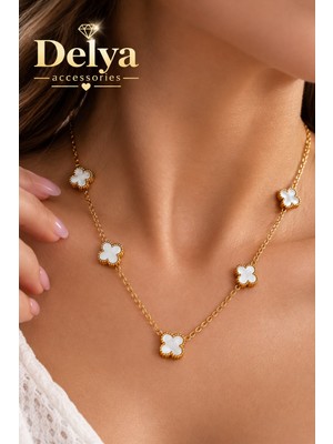 Delya Accessories Dört Yaprak Yonca Model Çelik Kolye Gold Renk