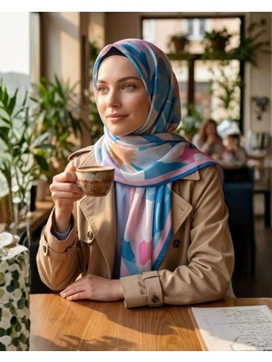 Moda Nuda Desenli Pamuk Soft Şal - Ilham Serisi Mavi Pembe Kenarlı