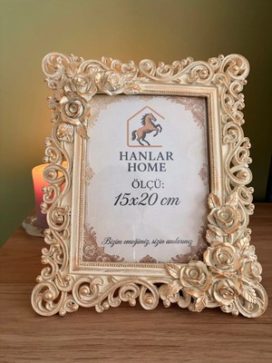 Hanlar Home Gülşah 15X20 cm Krem Altın Eskitme Vintage Çerçeve – Barok Gül Kabartmalı Masaüstü Dekoratif Fotoğraf Çerçevesi