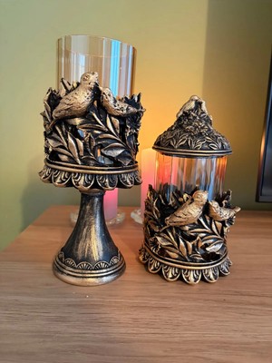 Hanlar Home Kuşlu Ayaklı ve Kapaklı Dekoratif Cam Mumluk & Şekerlik Seti – Siyah Altın Varak Eskitme 2'li Şamdan & Kavanoz (27X12 cm & 23X12 Cm)