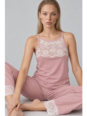 Night Pembe Kadın Dantel Detaylı Relaxed Pijama Takımı 4742