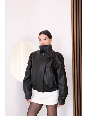 Moda Banuş Kaplama Düğme Detay Petekli Deri Ceket-Oversıze