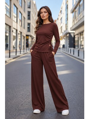 Moda Banuş Modal Kumaş Bol Paça Eşofman Takımı Kahverengi