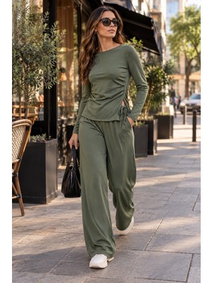 Moda Banuş Modal Kumaş Bol Paça Haki Rahat Eşofman Takımı