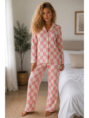 Night Pembe Kadın Örme Gömlek Yaka Pijama Takımı