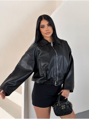 Moda Banuş Siyah Yaka Detaylı Oversize Deri Ceket
