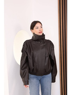 Moda Banuş Kaplama Düğme Detay Petekli Deri Ceket-Oversıze