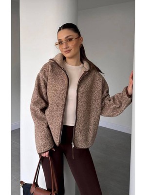 Moda Banuş Kapşon Detay Baskılı Melanj Peluş Mont-Kırçıllı Kahve