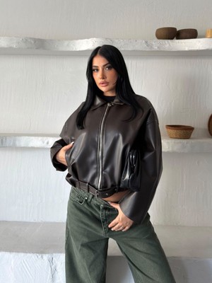 Moda Banuş Kahverengi Yaka Detaylı Oversize Deri Ceket
