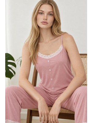Night Pembe Kadın Dantel Detaylı V Yaka Pijama Takımı 4741